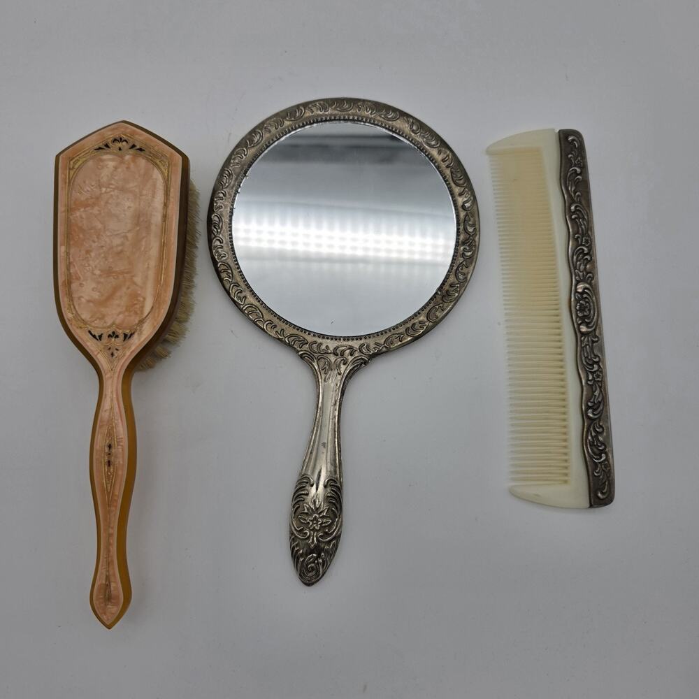 Vintage Vanity Lot Hand Mirror Comb Hair Brush Ornate Silver Tone Pink 3pc